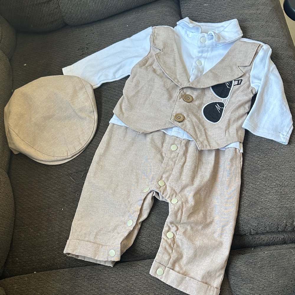 Baby Boy Tan & White One Piece Romper Set with Matching Cap | Size 3-6 Months